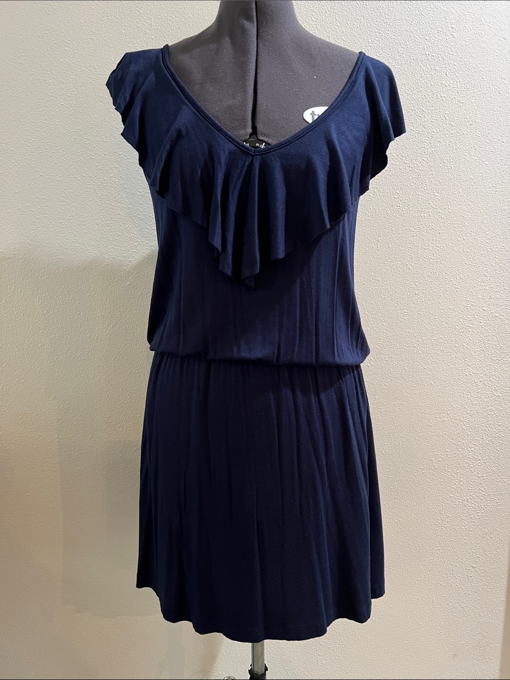 GUESS Navy Ruffle V-Neck Mini Dress